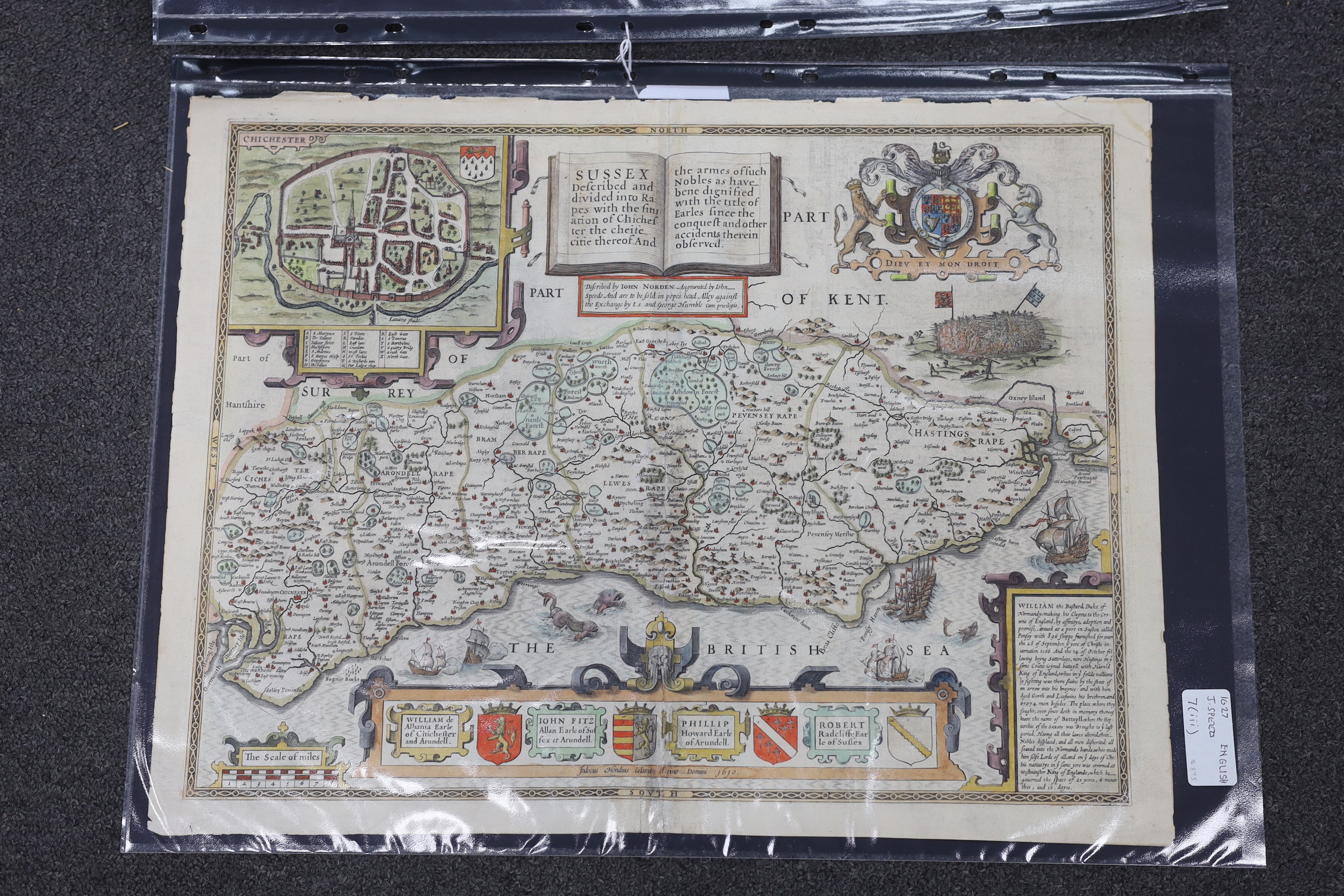 Three unframed 17th century maps of Sussex; a Norden and Kip map, 25 x 41cm, a John Speed, 41 x 54cm and a John Overton, 37 x 54cm